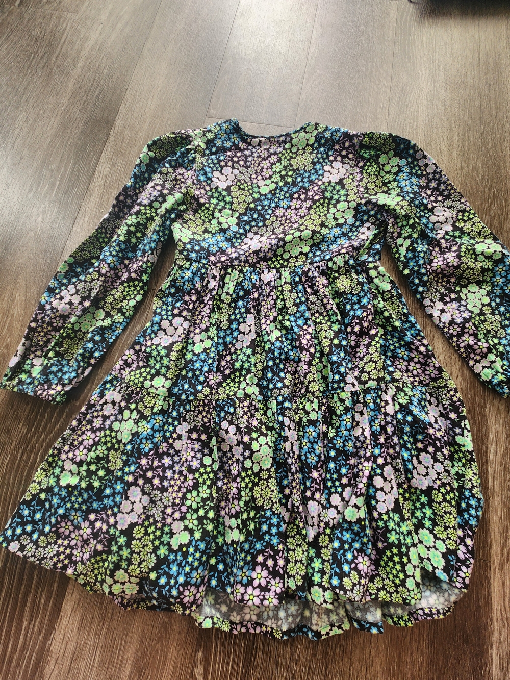 Girls Black Floral Long-Sleeve Dress - Green & Blue Flowers - Marks & Spencer